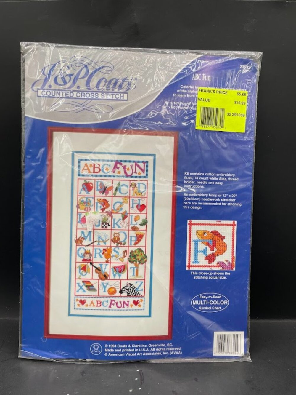 1994 Coats & Clark ABC Fun Counted Cross Stitch Kit Sealed Unfinished Kit